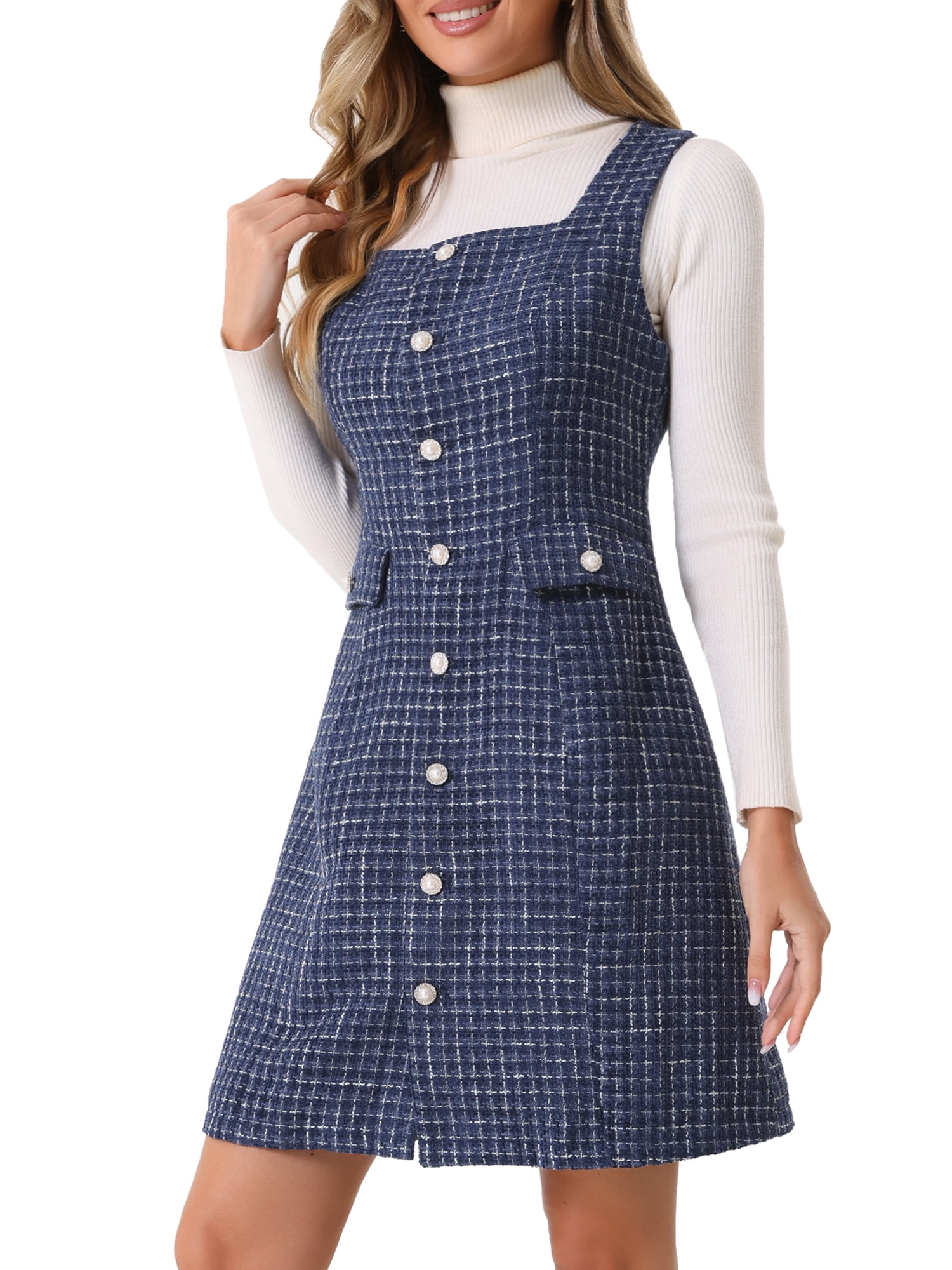 DARING DIVA Women's Tweed Square Neck A Line Pinafore Dresses L Navy Blue