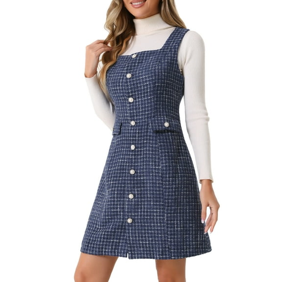 DARING DIVA Women's Tweed Square Neck A Line Pinafore Dresses L Navy Blue