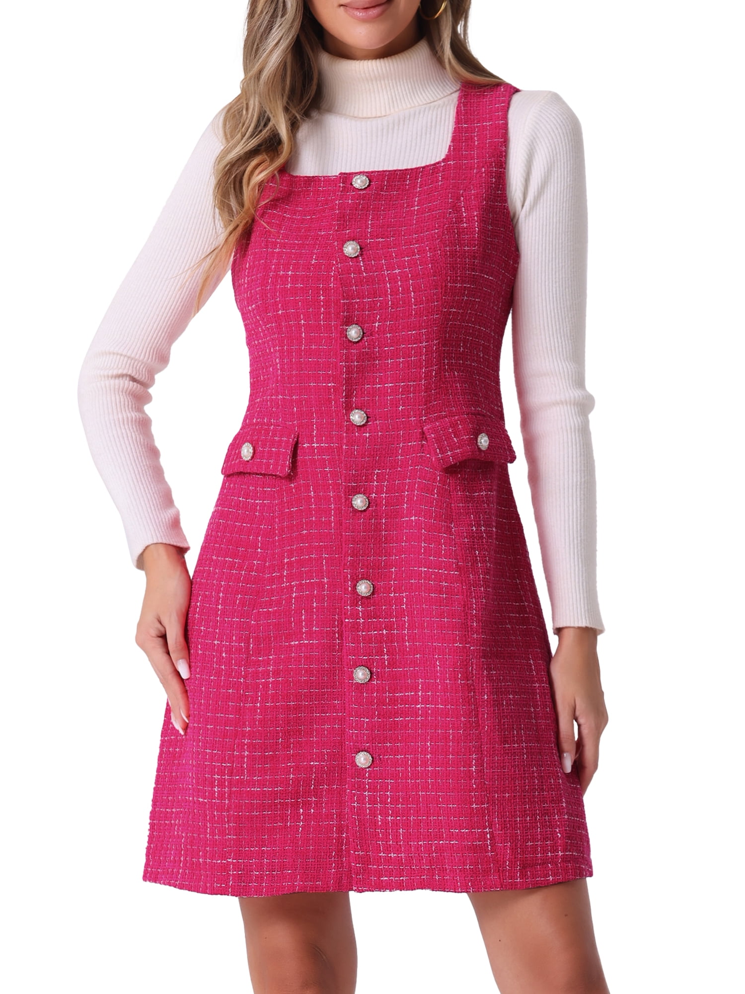 DARING DIVA Women's Tweed Square Neck A Line Pinafore Dresses XL Hot Pink