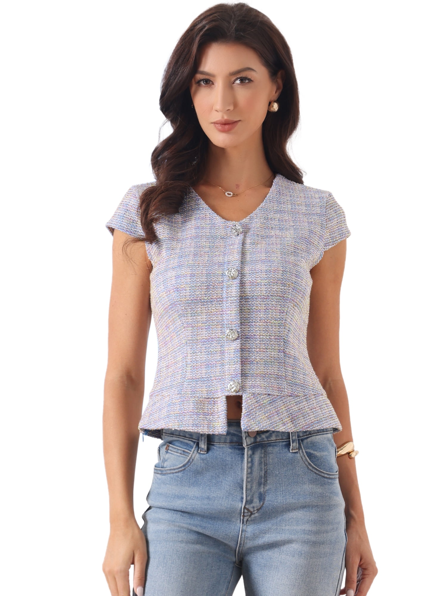 DARING DIVA Women's Tweed Top Cap Sleeve V Neck Trendy Cute 2026 Summer Tops L Blue