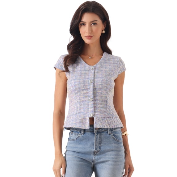 DARING DIVA Women's Tweed Top Cap Sleeve V Neck Trendy Cute 2026 Summer Tops XS Blue