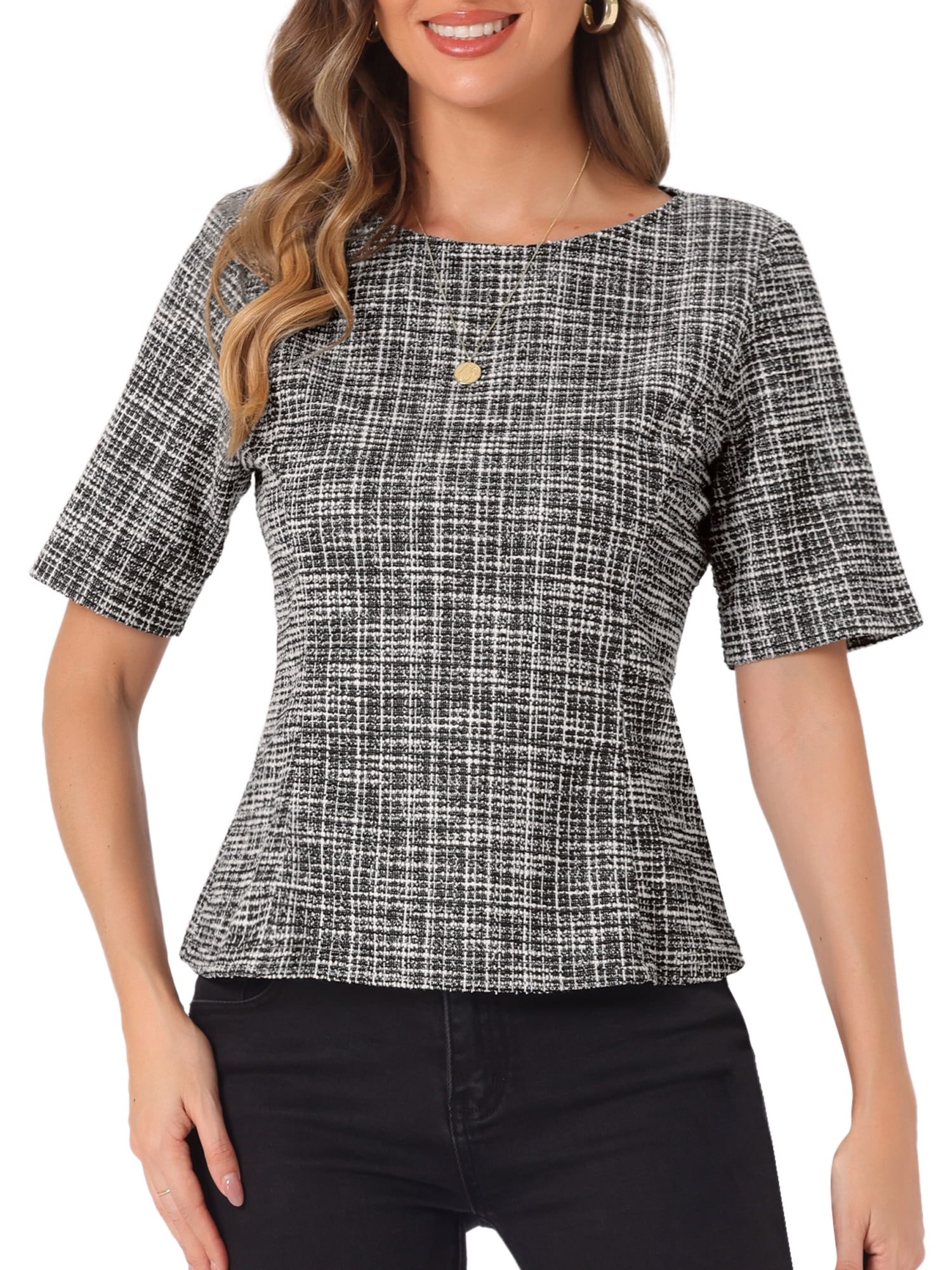 DARING DIVA Women's Tweed Top Round Neck Short Sleeve Pullover Blouse XS Black