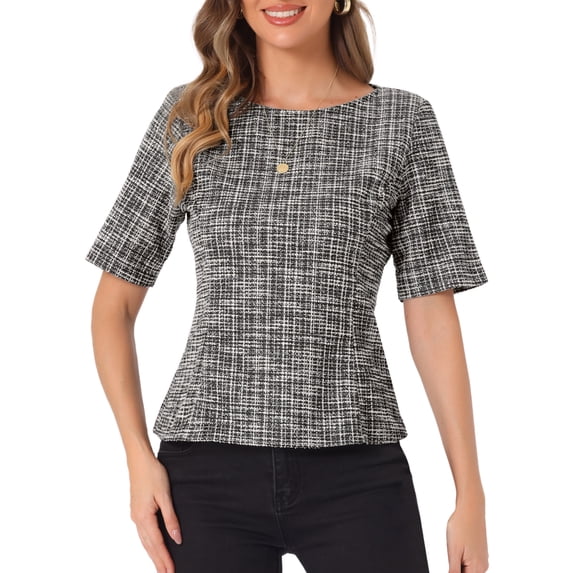 DARING DIVA Women's Tweed Top Round Neck Short Sleeve Pullover Blouse XS Black
