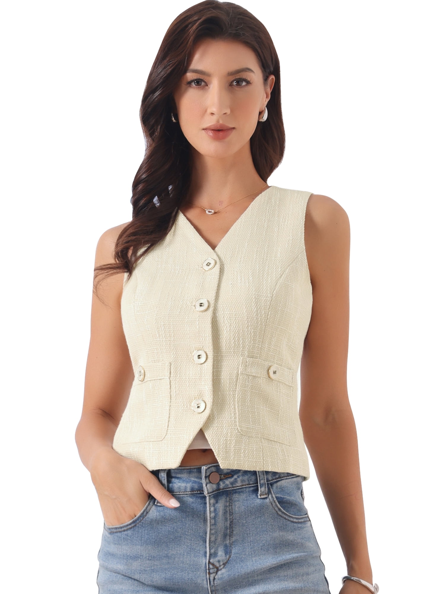 DARING DIVA Women's Tweed V Neck Sleeveless Button Down Waistcoat XS Beige