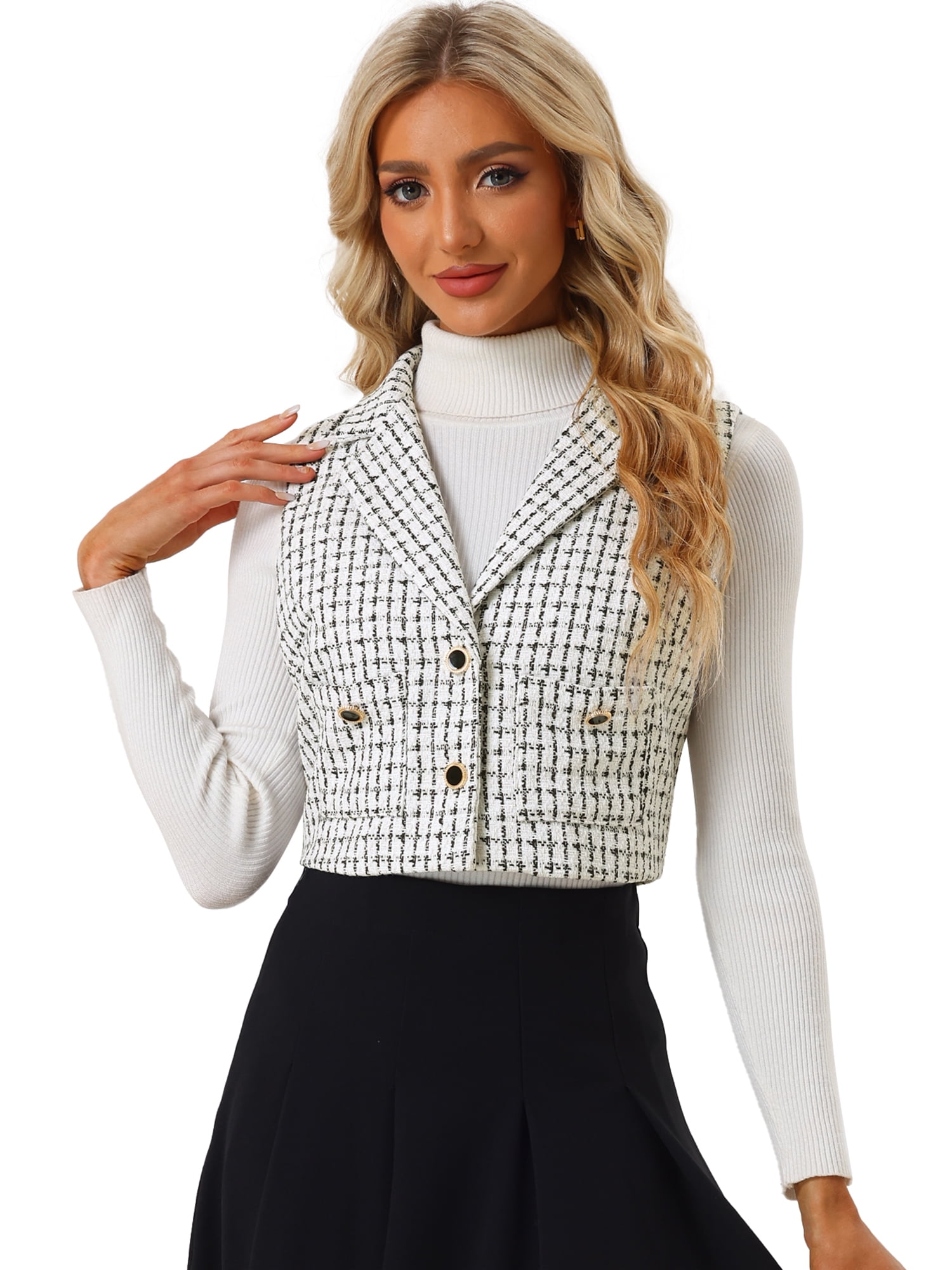 DARING DIVA Women's Tweed Vest Notched Lapel Collar Plaid Waistcoat Jackets S White