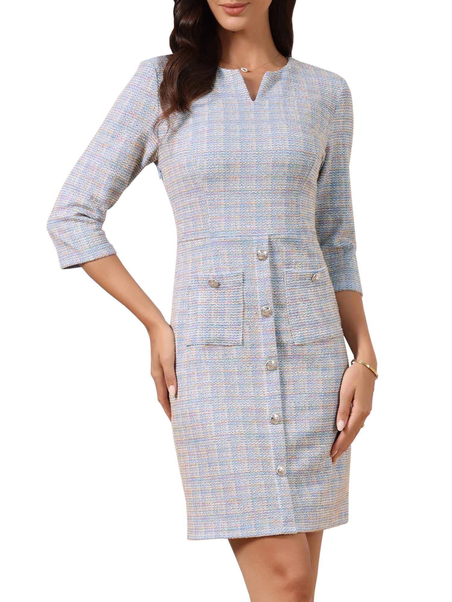DARING DIVA Women's Tweed Dress Vintage 3/4 Sleeve Business Crew Neck Sheath Dress L Multicolor Blue