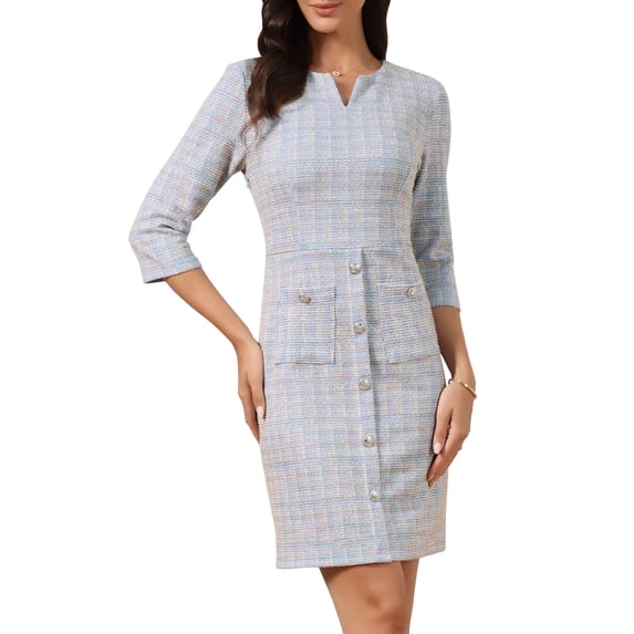 DARING DIVA Women's Tweed Dress Vintage 3/4 Sleeve Business Crew Neck Sheath Dress XS Multicolor Blue