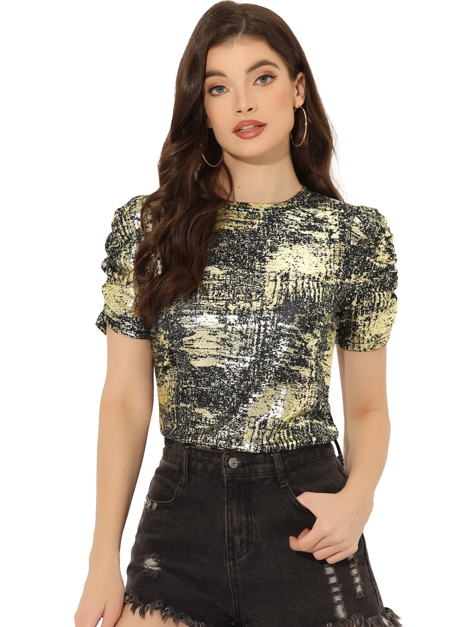 DARING DIVA Women's Twist Round Neck Puff Sleeve Stretch T-Shirt S Black Gold