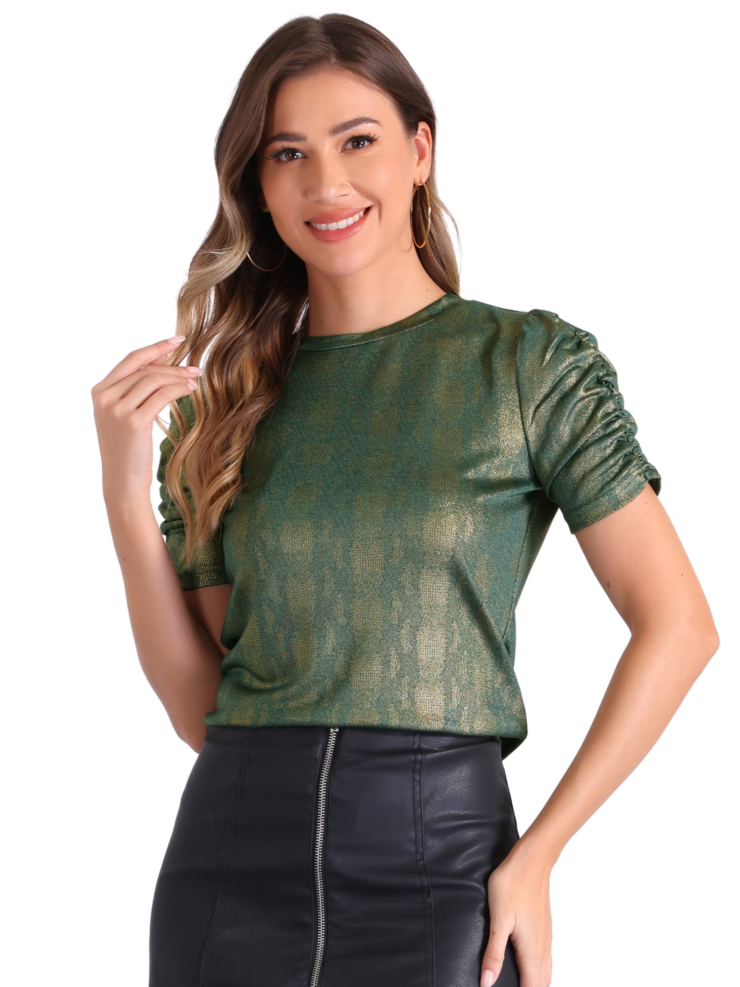 DARING DIVA Women's Twist Round Neck Puff Sleeve Stretch T-Shirt S Green Gold