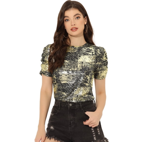 DARING DIVA Women's Twist Round Neck Puff Sleeve Stretch T-Shirt XL Black Gold