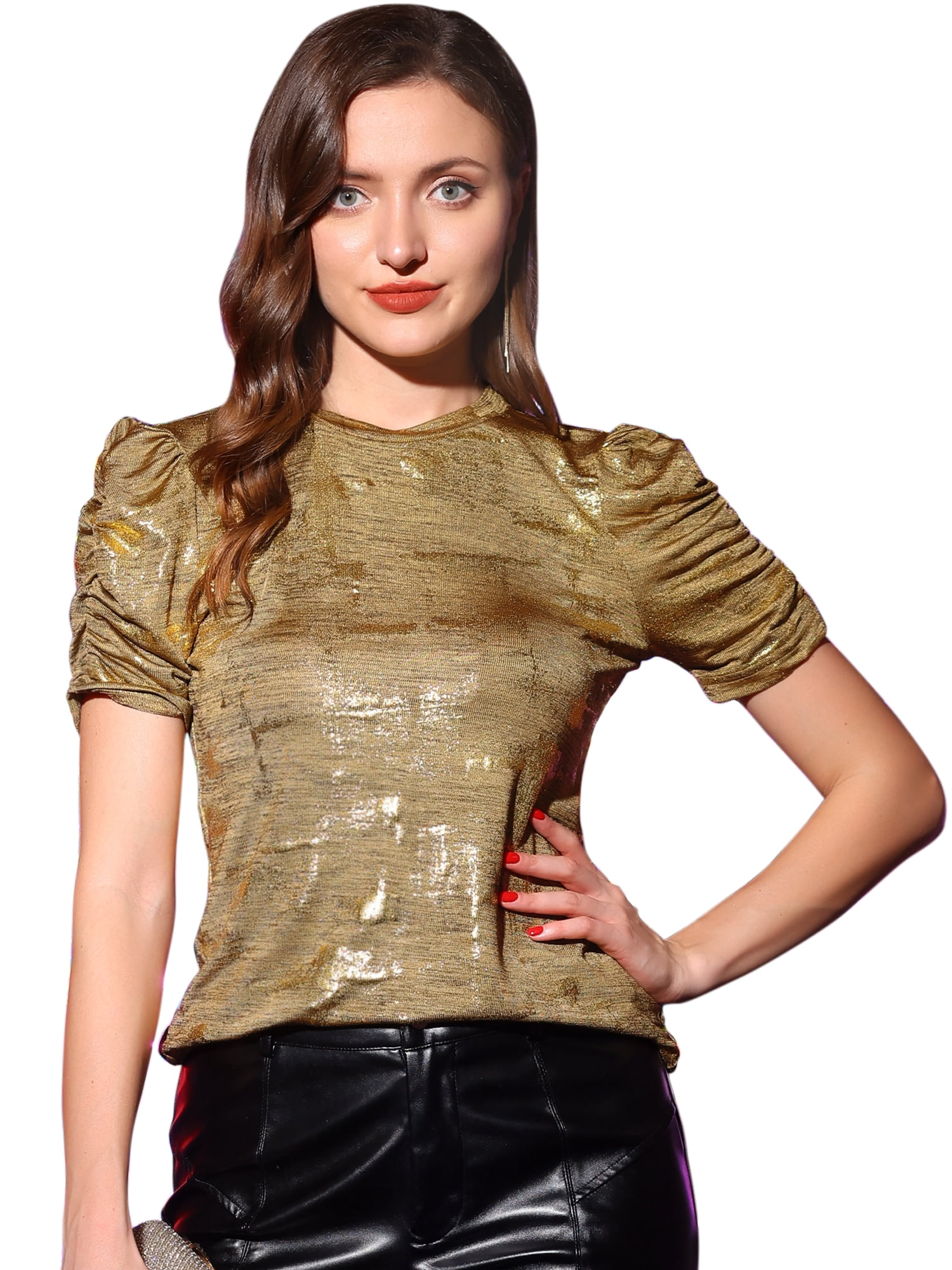 DARING DIVA Women's Twist Round Neck Puff Sleeve Stretch T-Shirt XL Gold