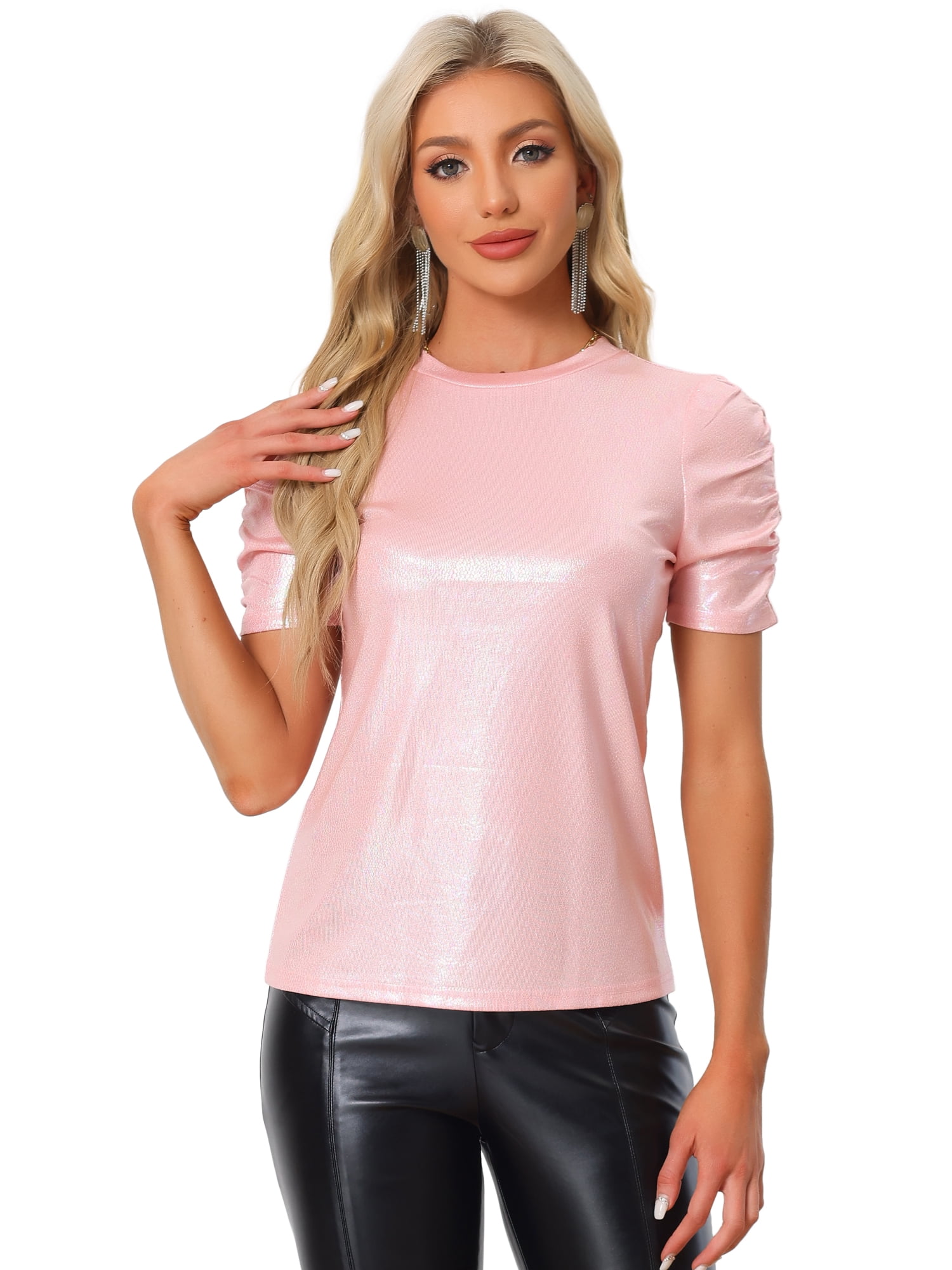 DARING DIVA Women's Twist Round Neck Puff Sleeve Stretch T-Shirt XS Pink
