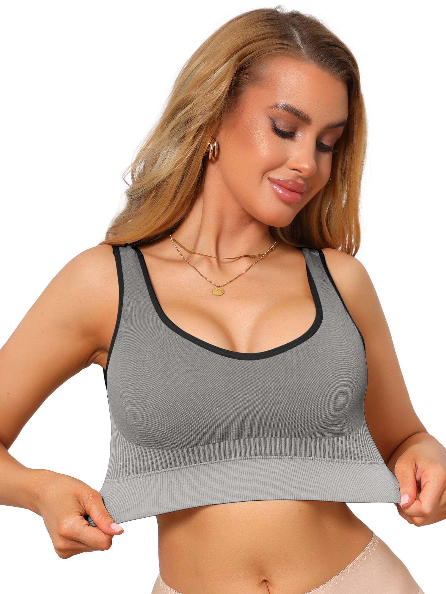 DARING DIVA Women's U-Neck Breathable Wide Strap Padded Sports Bra M Light Gray