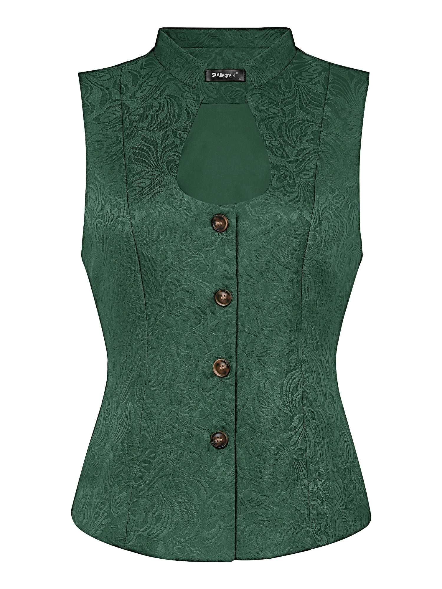 DARING DIVA Women's U Neck Jacquard Single Breasted Floral Gothic Waistcoat L Green