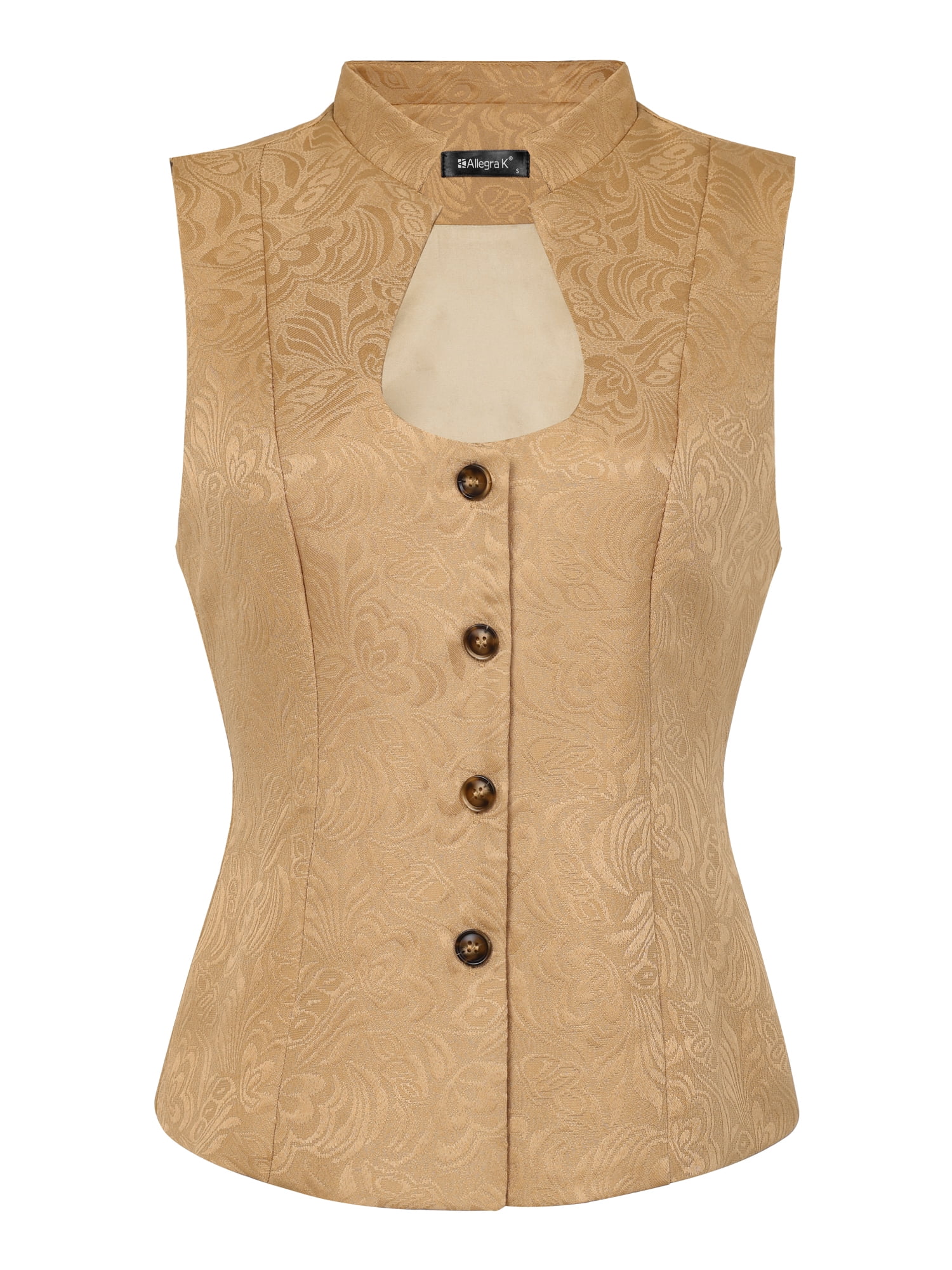 DARING DIVA Women's U Neck Jacquard Single Breasted Floral Gothic Waistcoat M Khaki
