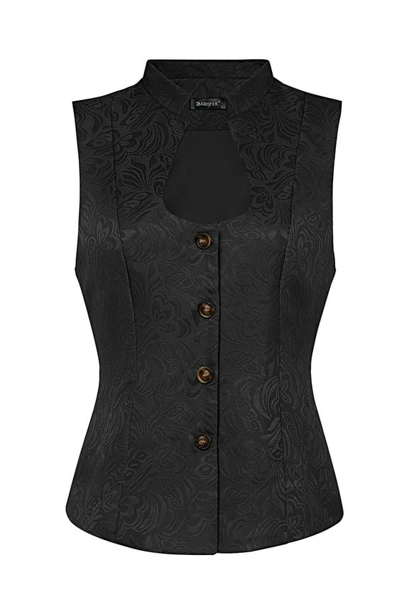 Women's U Neck Jacquard Single Breasted Floral Gothic Waistcoat S Black