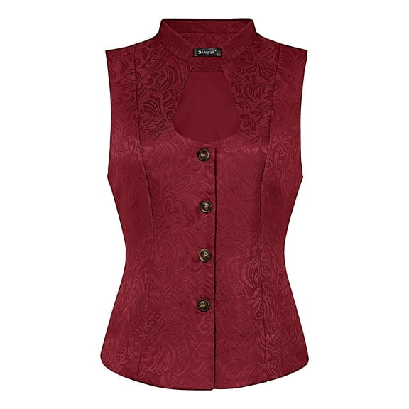 DARING DIVA Women's U Neck Jacquard Single Breasted Floral Gothic Waistcoat S Burgundy