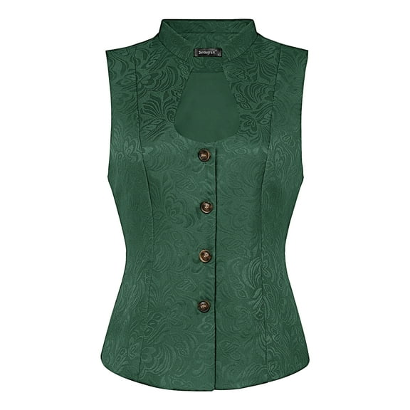 DARING DIVA Women's U Neck Jacquard Single Breasted Floral Gothic Waistcoat XL Green