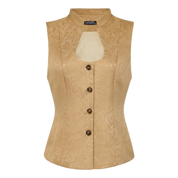 DARING DIVA Women's U Neck Jacquard Single Breasted Floral Gothic Waistcoat XL Khaki