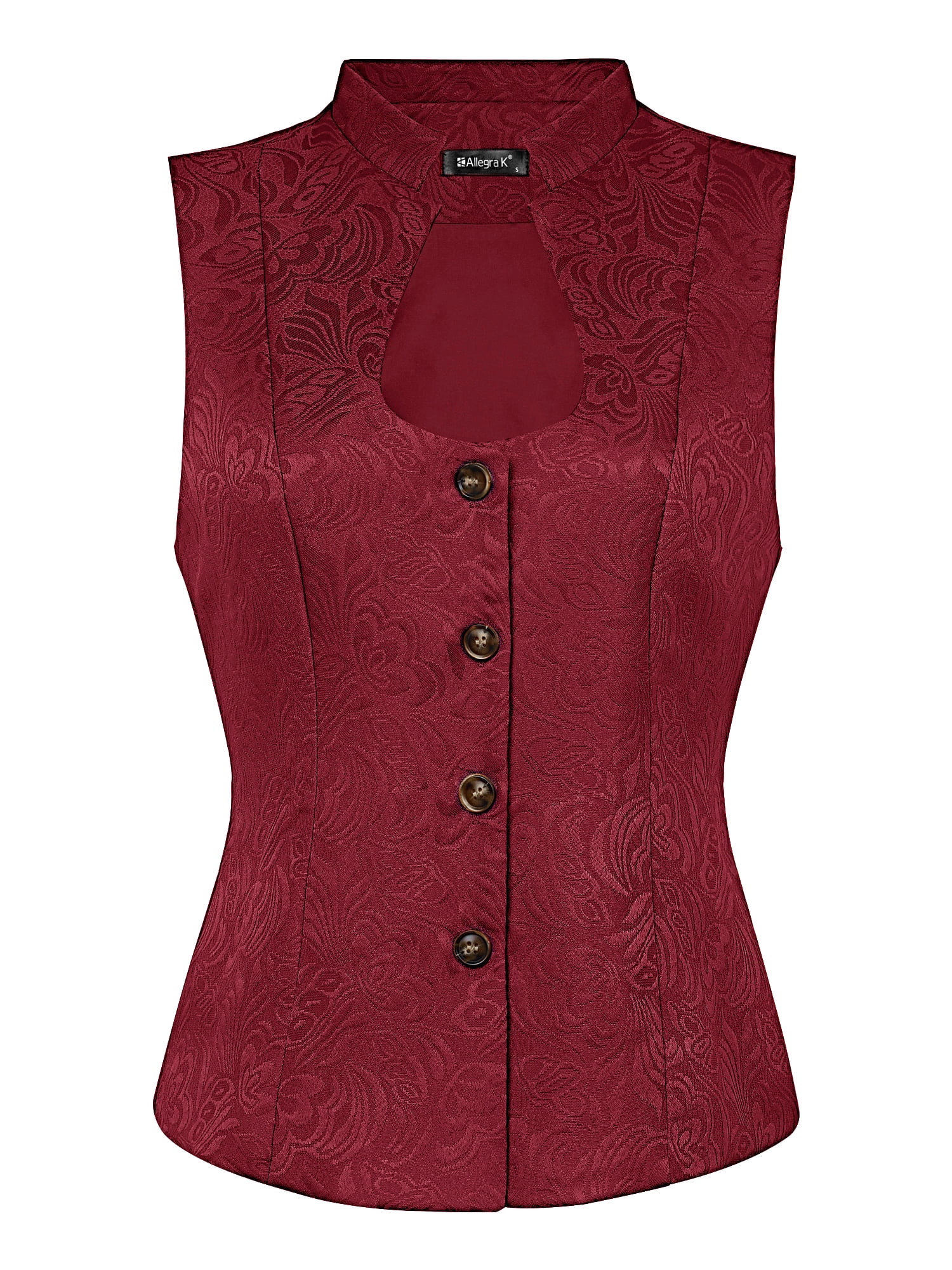 DARING DIVA Women's U Neck Jacquard Single Breasted Floral Gothic Waistcoat XS Burgundy