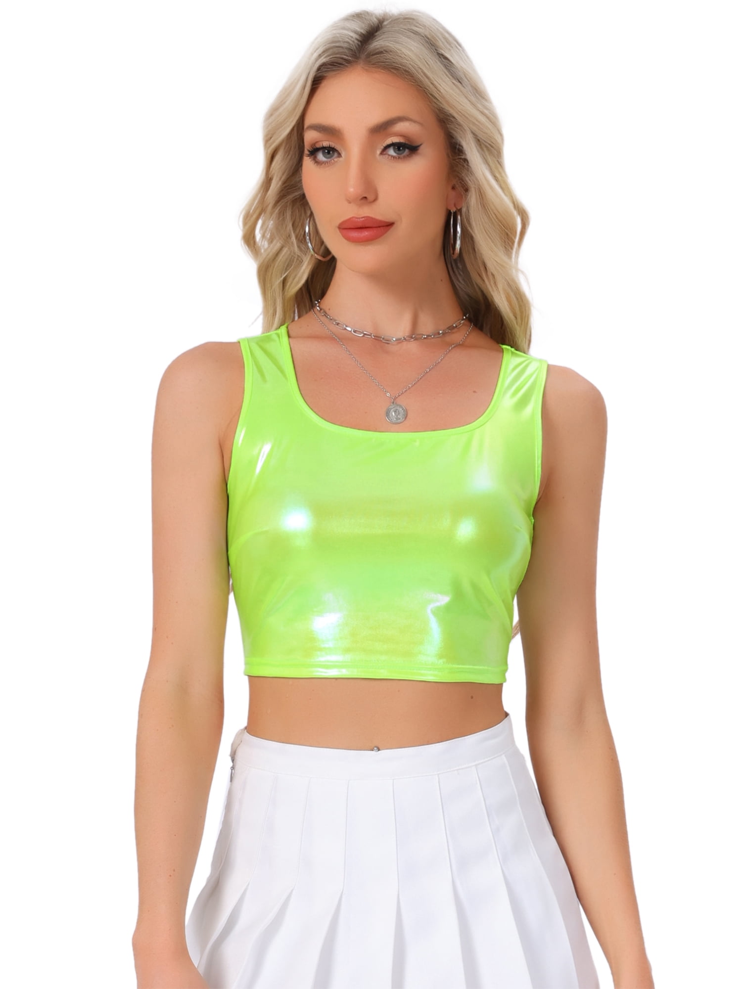 DARING DIVA Women's U Neck Sleeveless Clubwear Metallic Crop Top M Shiny Yellow