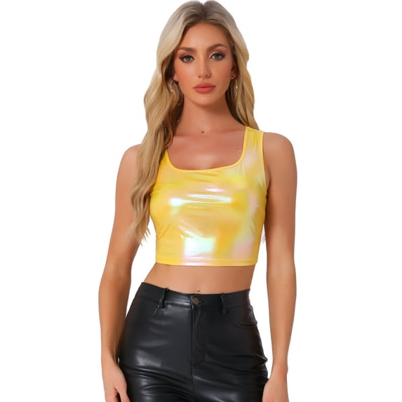 DARING DIVA Women's U Neck Sleeveless Clubwear Metallic Crop Top XS Yellow