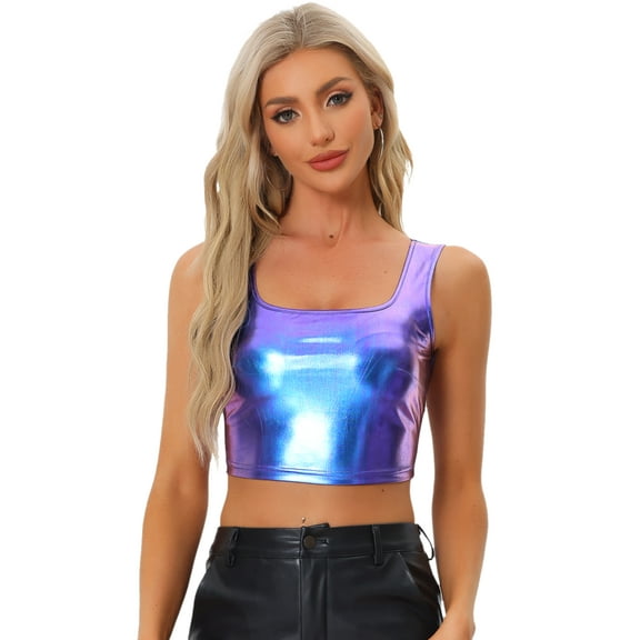 DARING DIVA Women's U Neck Sleeveless Shiny Metallic Crop Top L Blue Purple