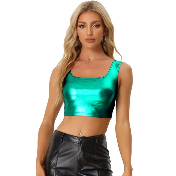 DARING DIVA Women's U Neck Sleeveless Shiny Metallic Crop Top M Green