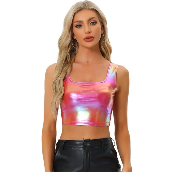 DARING DIVA Women's U Neck Sleeveless Shiny Metallic Crop Top M Holographic Red