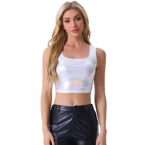 DARING DIVA Women's U Neck Sleeveless Shiny Metallic Crop Top M Holographic White