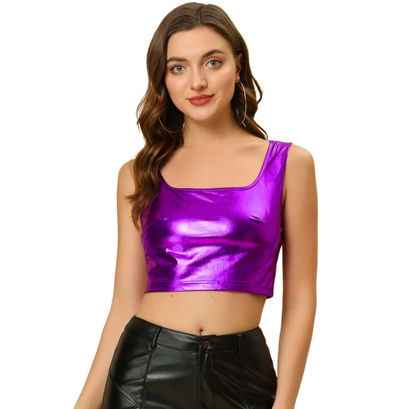 DARING DIVA Women's U Neck Sleeveless Shiny Metallic Crop Top M Purple