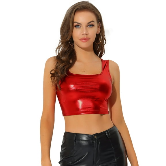 DARING DIVA Women's U Neck Sleeveless Shiny Metallic Crop Top M Red