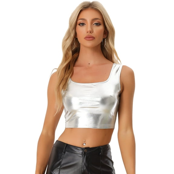 DARING DIVA Women's U Neck Sleeveless Shiny Metallic Crop Top M Silver