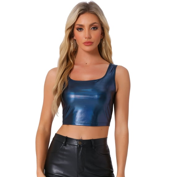DARING DIVA Women's U Neck Sleeveless Shiny Metallic Crop Top S Dark Blue