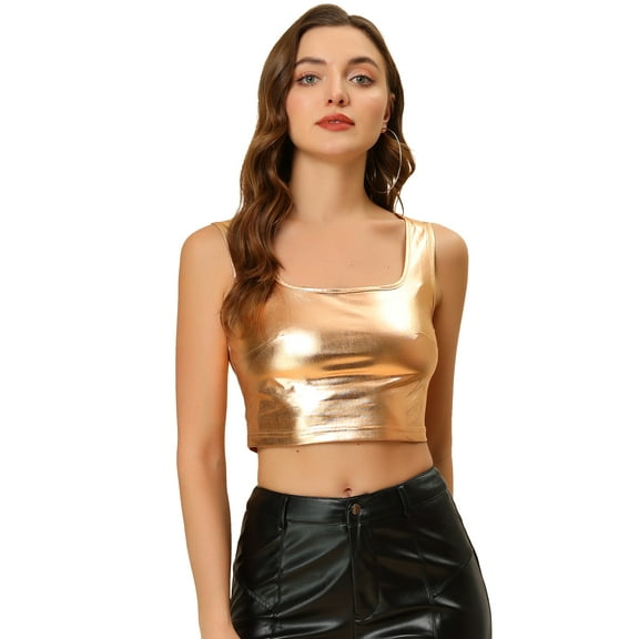 DARING DIVA Women's U Neck Sleeveless Shiny Metallic Crop Top S Rose Gold