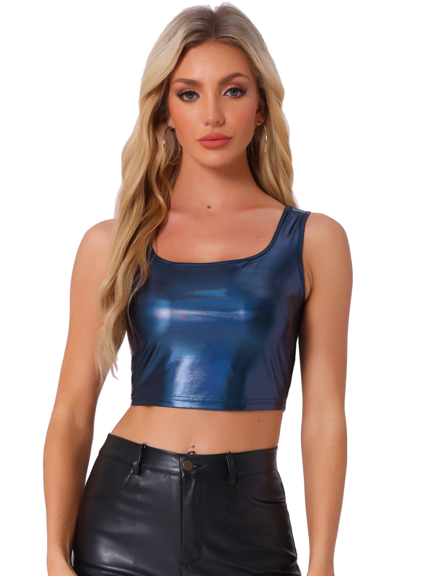 DARING DIVA Women's U Neck Sleeveless Shiny Metallic Crop Top XL Dark Blue