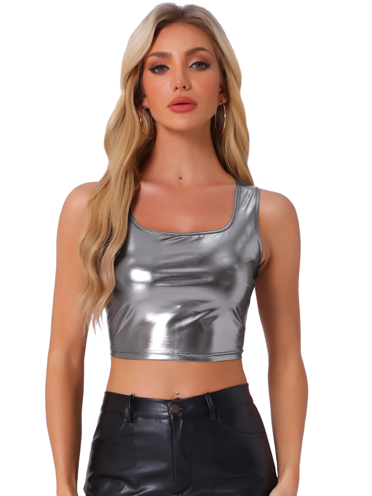 DARING DIVA Women's U Neck Sleeveless Shiny Metallic Crop Top XS Black ...