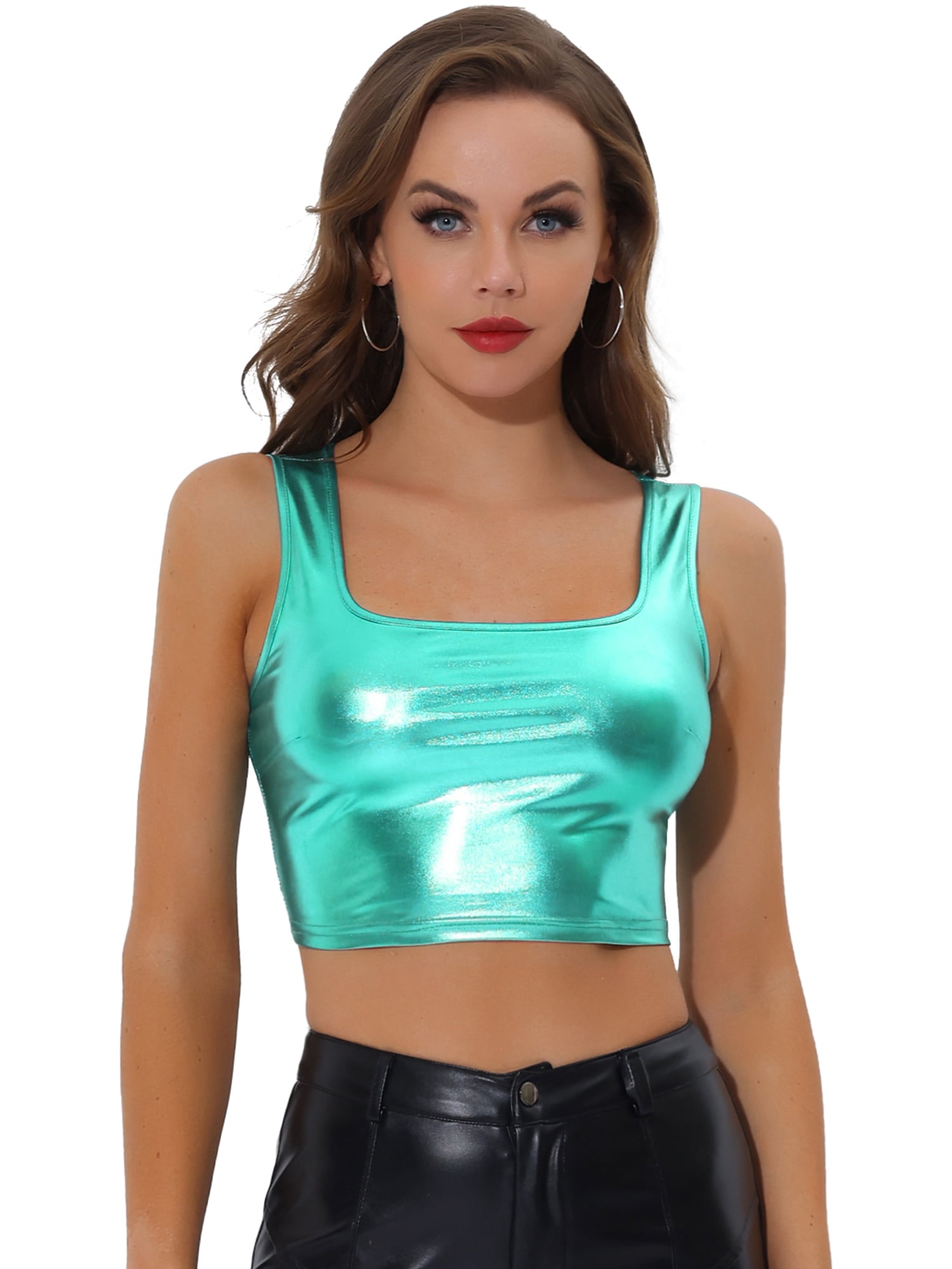 DARING DIVA Women's U Neck Sleeveless Shiny Metallic Crop Top XS Blue Green