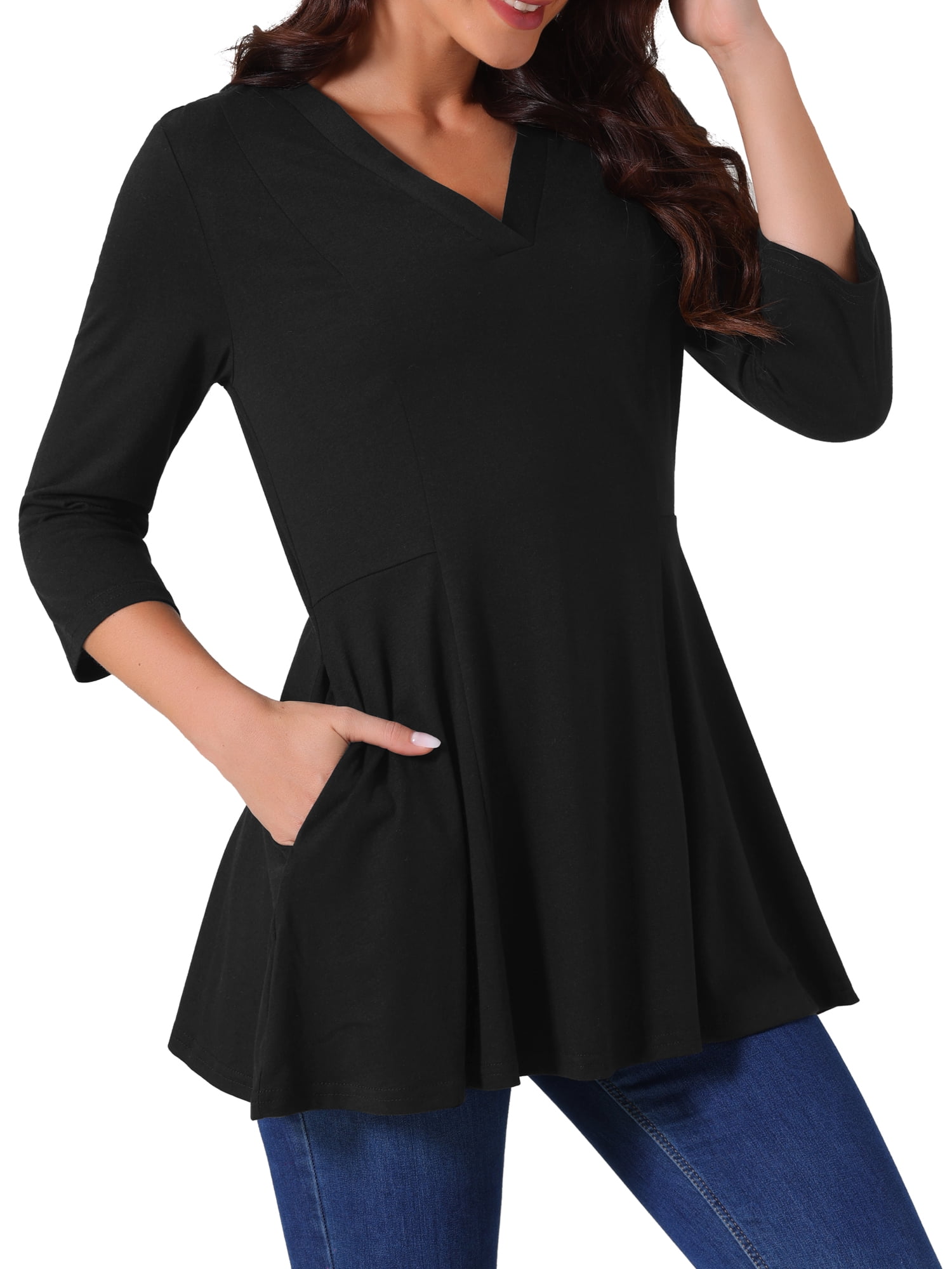 DARING DIVA Women's V Neck 3/4 Sleeve Casual Blouses with Pockets S Black