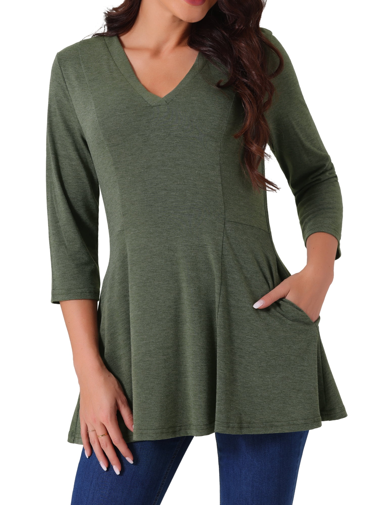DARING DIVA Women's V Neck 3/4 Sleeve Casual Blouses with Pockets S Green