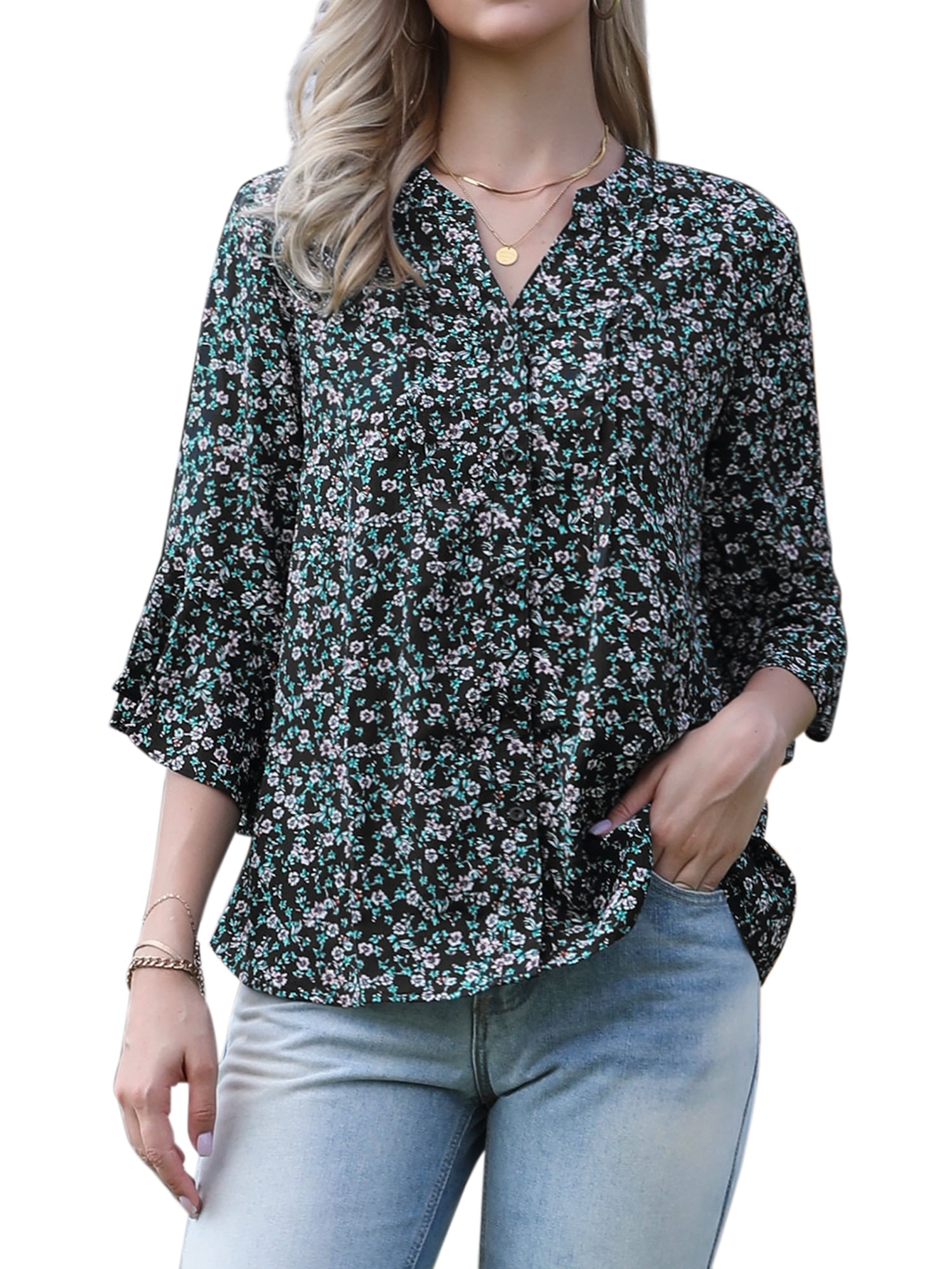DARING DIVA Women's V Neck 3/4 Sleeves Vintage Casual Floral Shirts XS Black