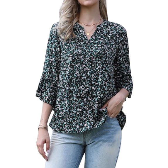 DARING DIVA Women's V Neck 3/4 Sleeves Vintage Casual Floral Shirts XS Black