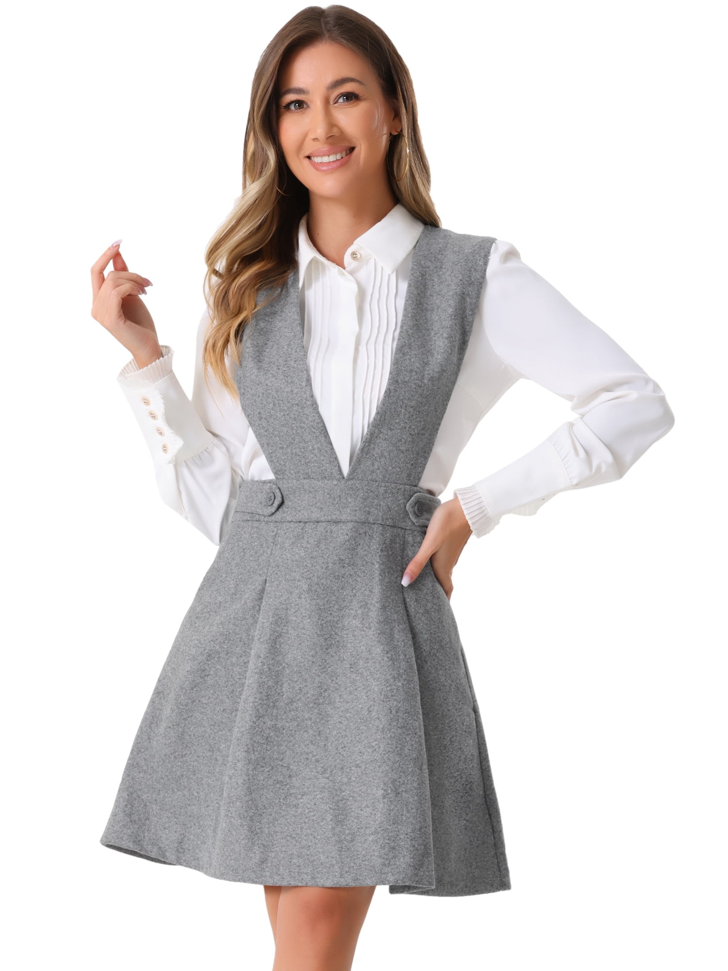 DARING DIVA Women's V Neck A Line Above Knee Pinafore Dress XS Gray