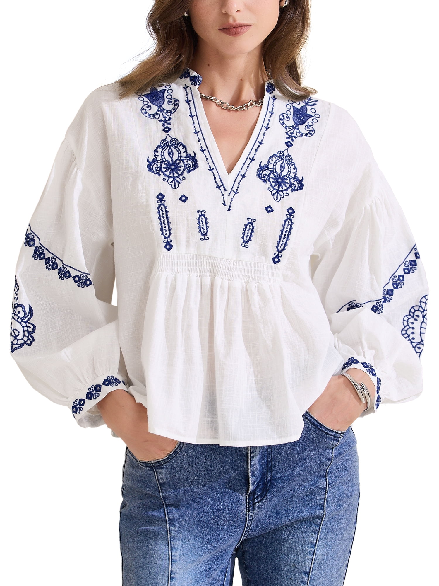 DARING DIVA Women's V Neck Boho Mexican Embroidered Top S White