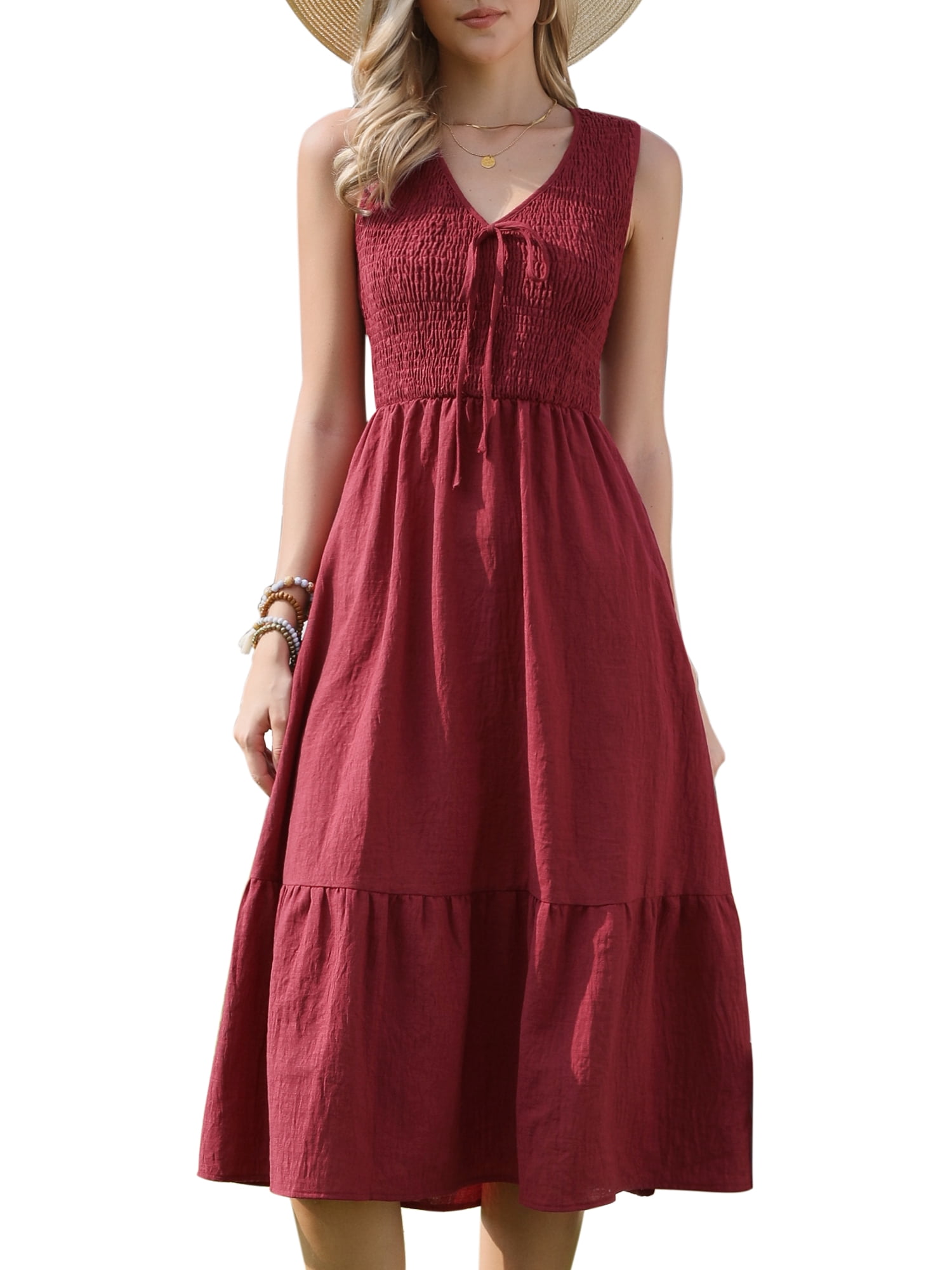 DARING DIVA Women's V Neck Bow Tie Smocked A Line Sleeveless Midi Dresses XS Burgundy