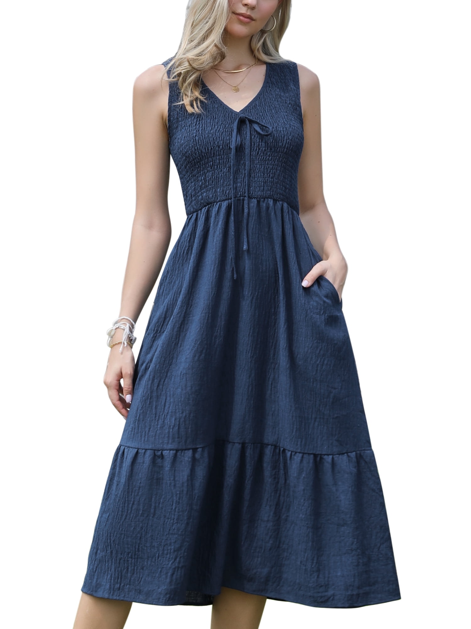 DARING DIVA Women's V Neck Bow Tie Smocked A Line Tiered Sleeveless Midi Dresses S Blue