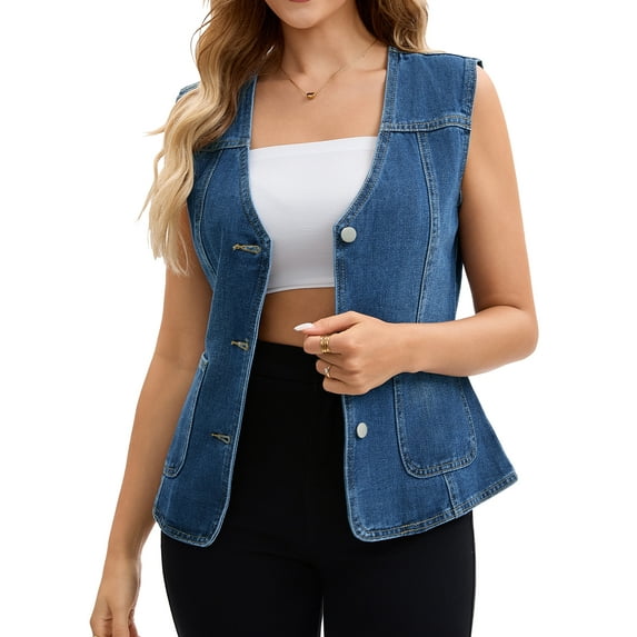 DARING DIVA Women's V Neck Button Down Sleeveless Casual Denim Vest 2XL Dark Blue