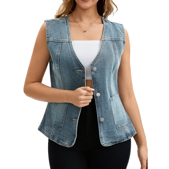 DARING DIVA Women's V Neck Button Down Sleeveless Casual Denim Vest L Blue Grey