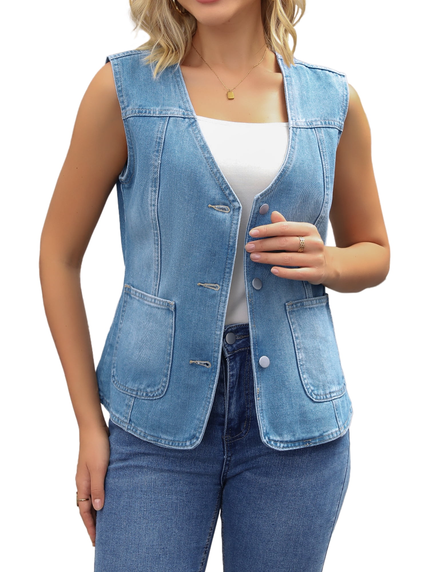 DARING DIVA Women's V Neck Patch Pockets Button Down Sleeveless Jacket L Blue
