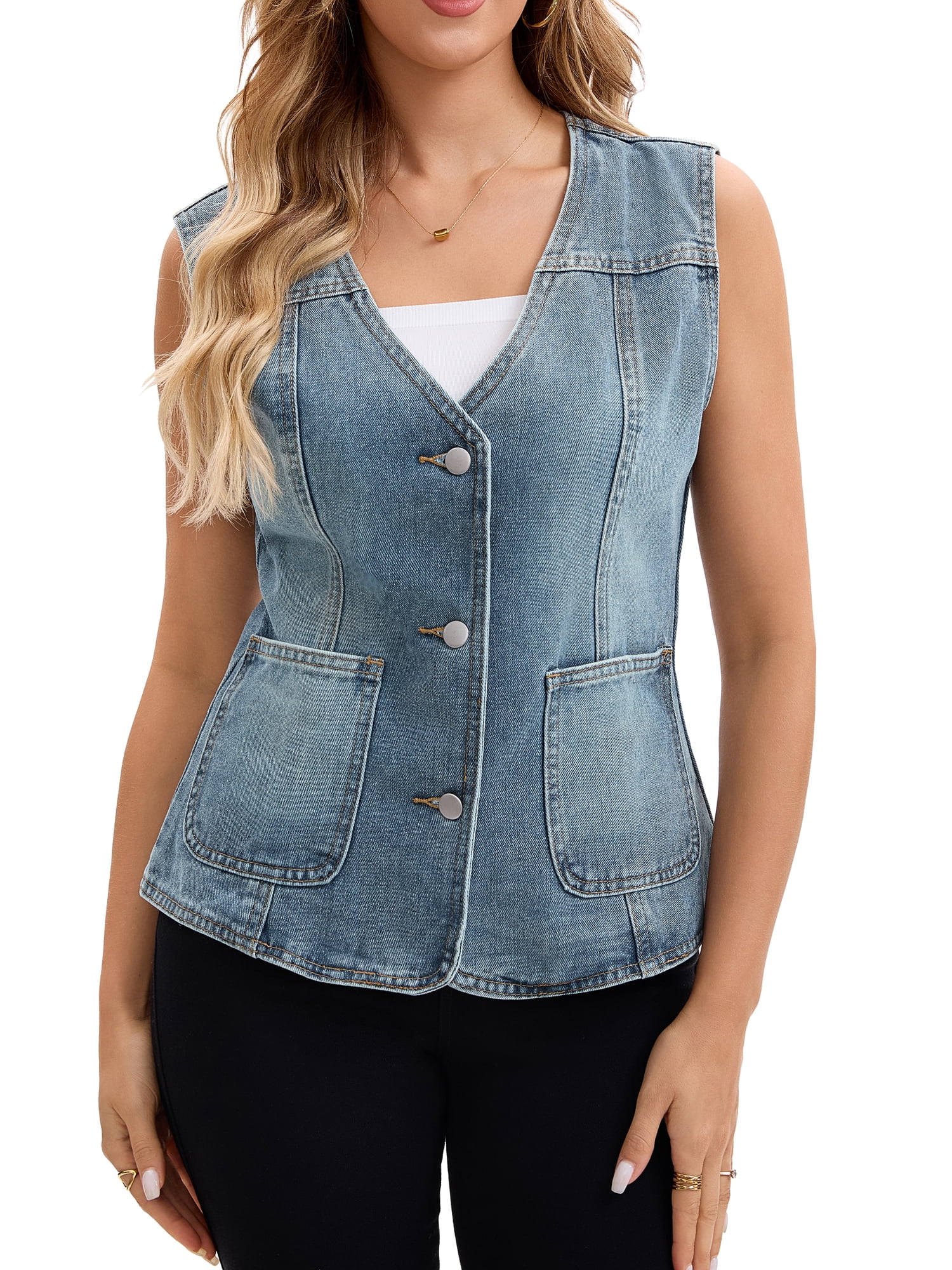 DARING DIVA Women's V Neck Patch Pockets Button Down Sleeveless Jacket M Blue Grey